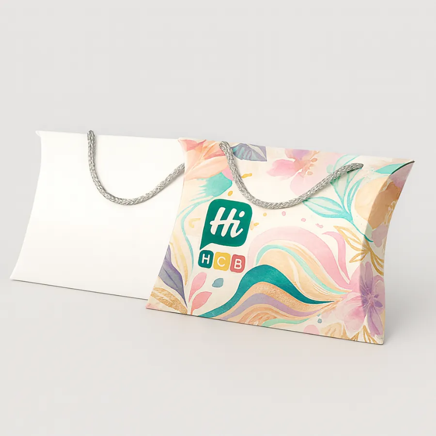 White pillow box next to a colorful watercolor floral box- both featuring silver rope handles- class=